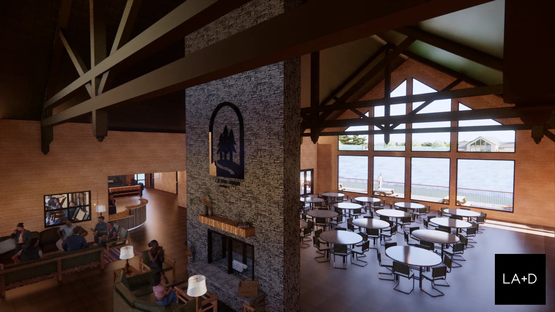 Rendering of the lodge great room with stone fireplace and lake-view windows