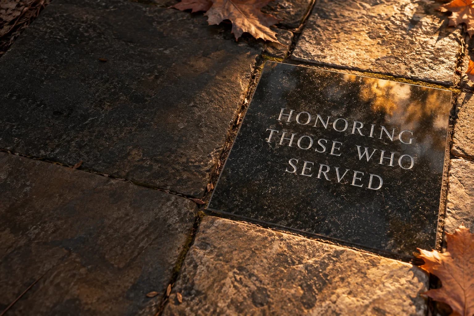 A polished black granite memorial tile engraved Honoring Those Who Served, set into stone pavers with autumn leaves.
